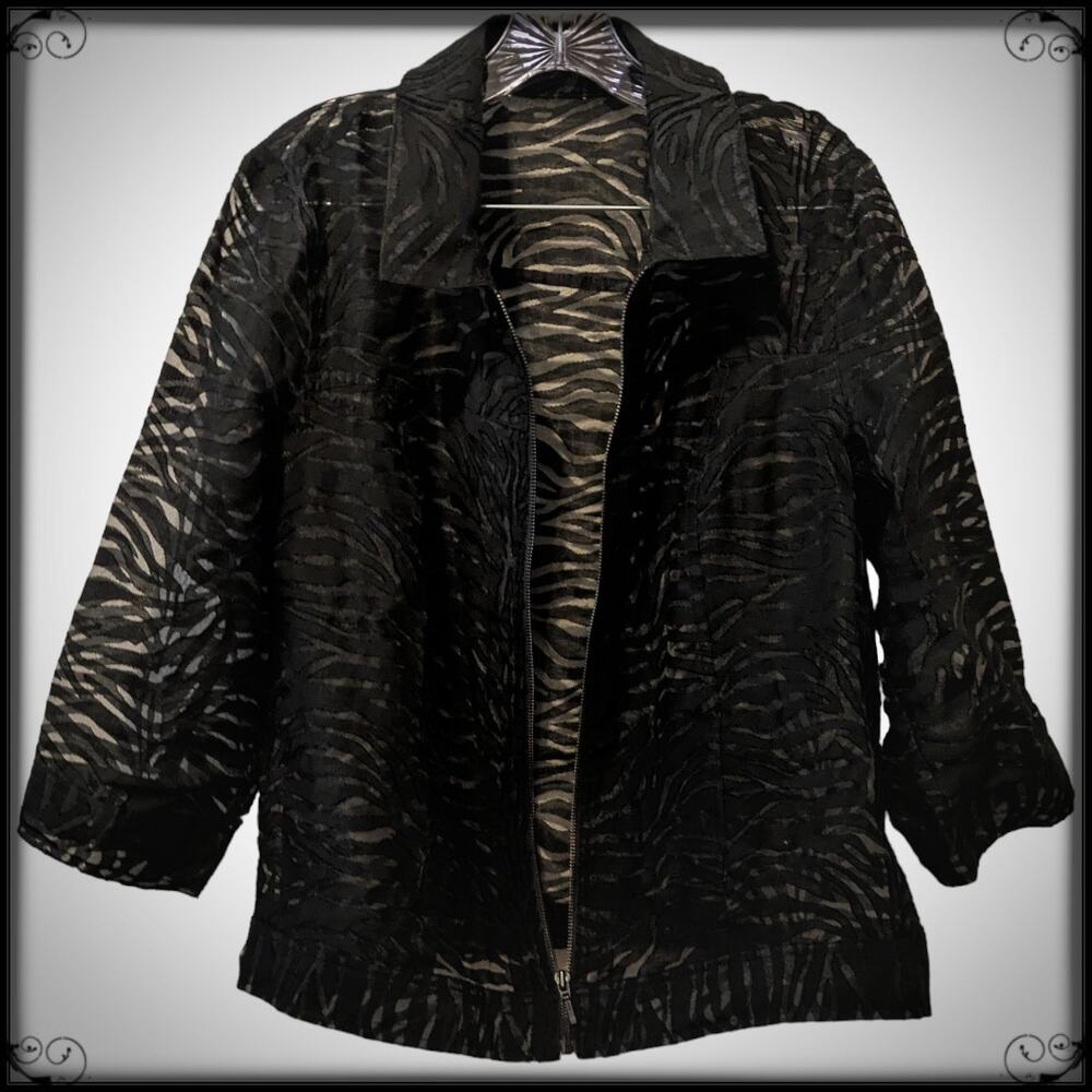 Clara S Black Sheer Mesh Textured Zip Up Shirt Jacket Zebra AOP Women's XL